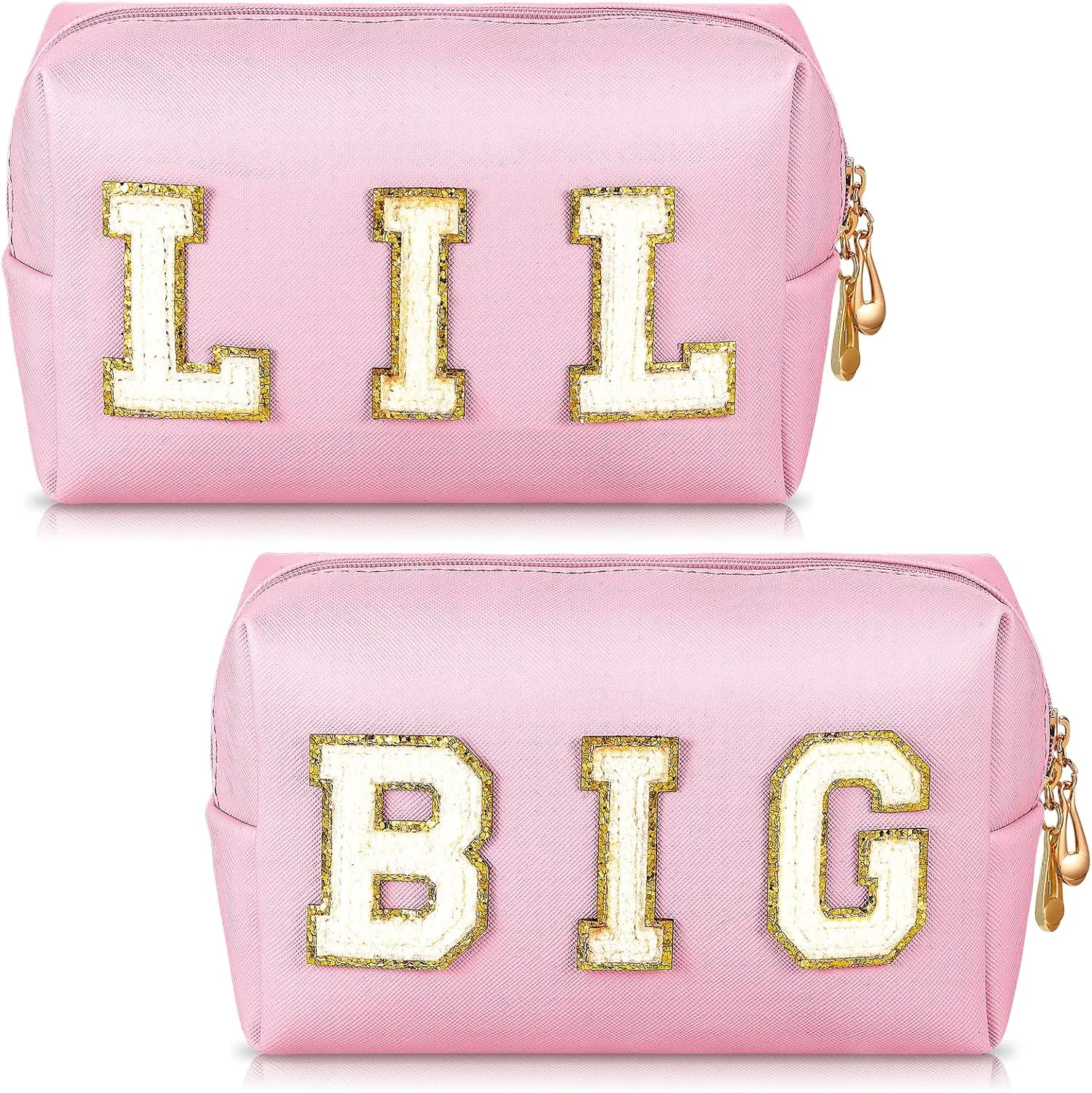 Hillban 2 Pieces Big Little Sorority Gifts Preppy Cosmetic Bag PU Leather Letter Patch Makeup Bag Portable Preppy Purse with Zipper Pouch Waterproof Travel Organizer for Women(Pink)