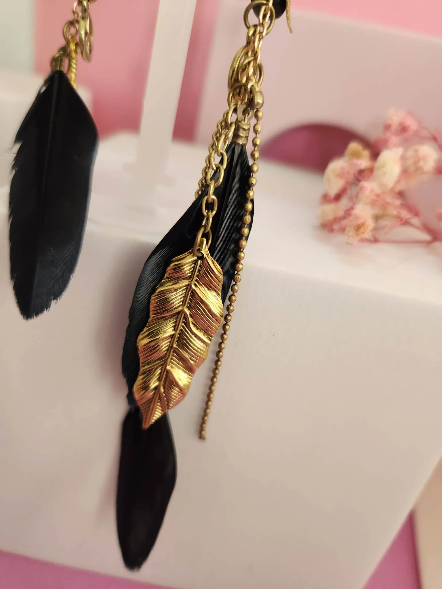 Hippy Dangle Feather Peace Golden Leaf and Black Feathers