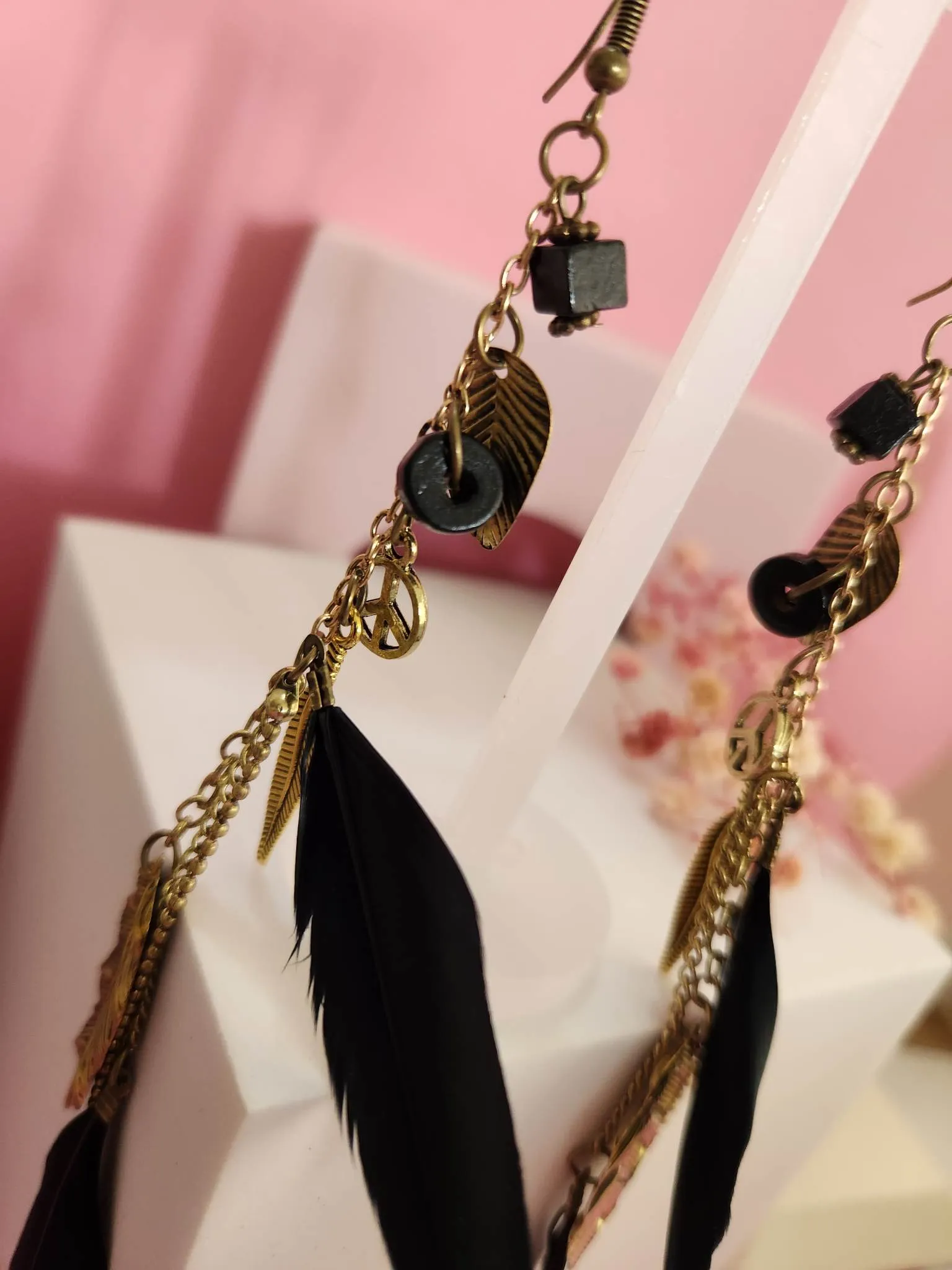 Hippy Dangle Feather Peace Golden Leaf and Black Feathers