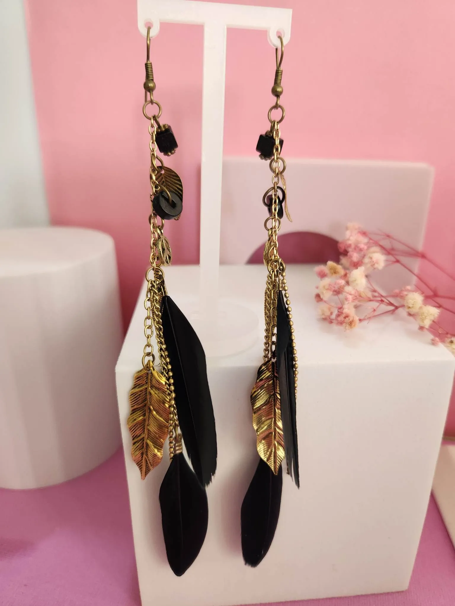 Hippy Dangle Feather Peace Golden Leaf and Black Feathers