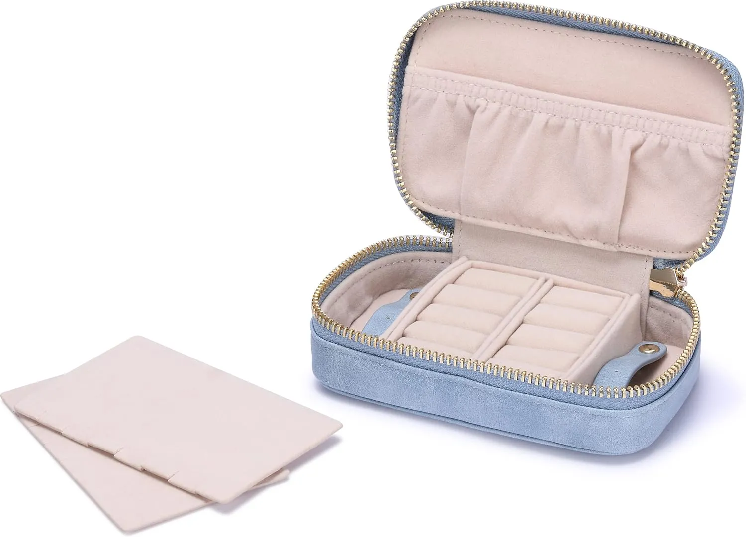 HISCOW Vegan Leather Travel Jewelry Case with Zipper - Portable Necklace & Earring Holder Organizer for Women Girls, Velvet-Lined Ring Box with Anti-Tarnish Design, Baby Blue
