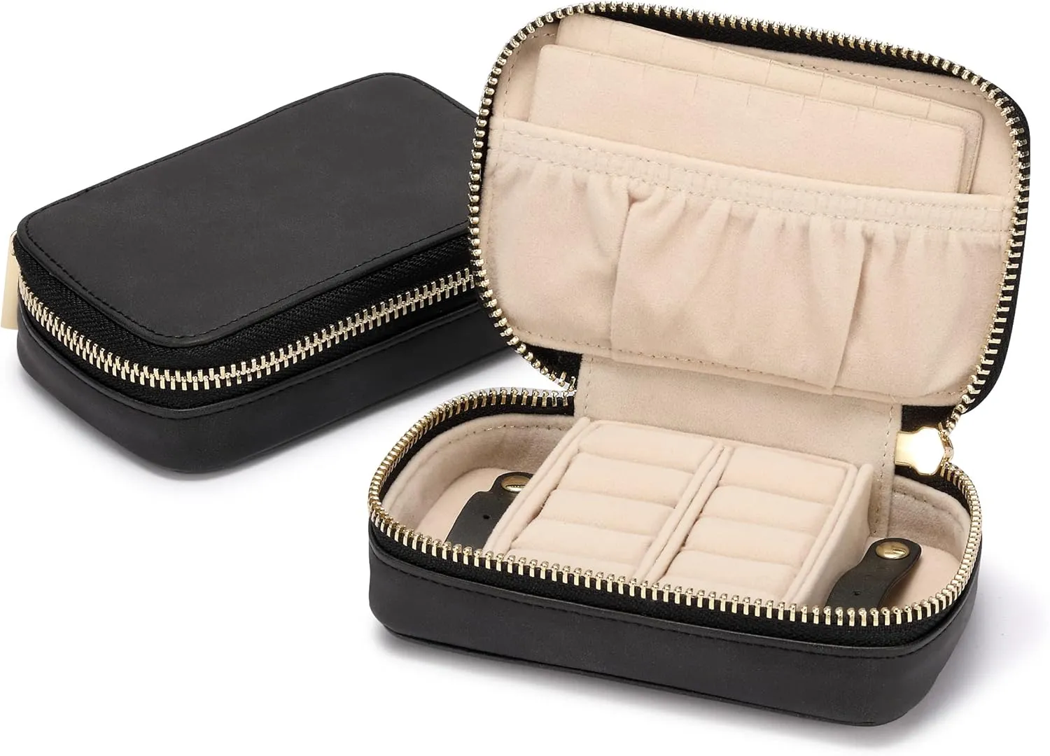 HISCOW Vegan Leather Travel Jewelry Case with Zipper - Portable Necklace & Earring Holder Organizer for Women Girls, Velvet-Lined Ring Box with Anti-Tarnish Design, Black