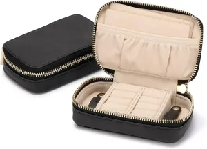 HISCOW Vegan Leather Travel Jewelry Case with Zipper - Portable Necklace & Earring Holder Organizer for Women Girls, Velvet-Lined Ring Box with Anti-Tarnish Design, Black