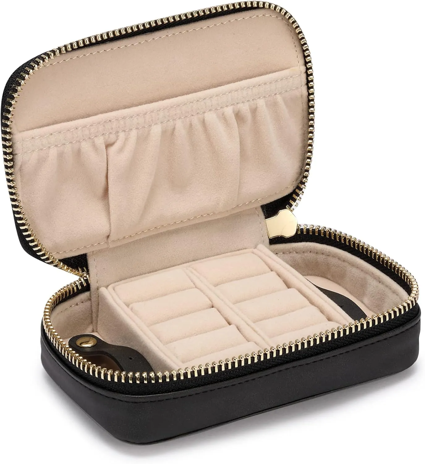 HISCOW Vegan Leather Travel Jewelry Case with Zipper - Portable Necklace & Earring Holder Organizer for Women Girls, Velvet-Lined Ring Box with Anti-Tarnish Design, Black
