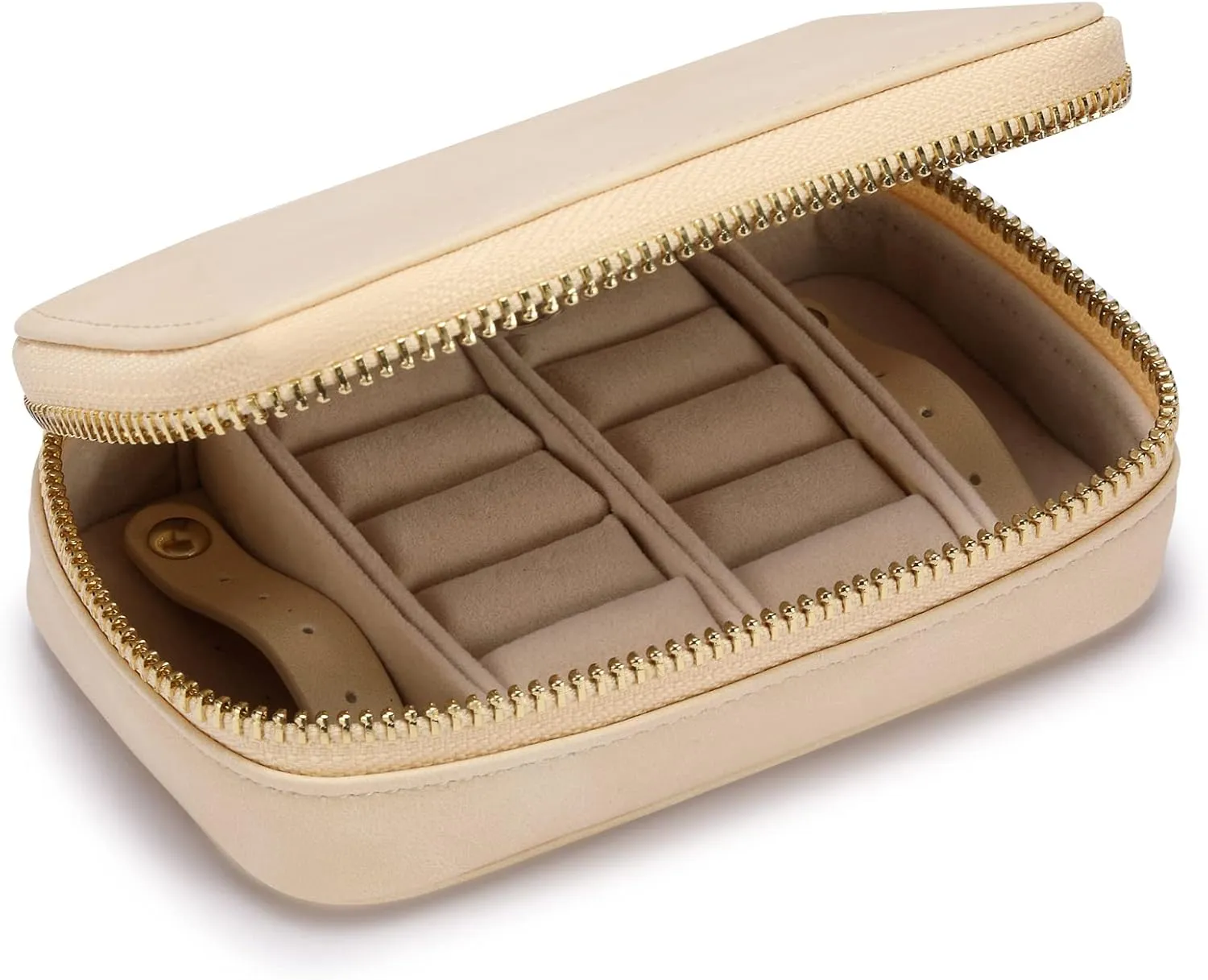 HISCOW Vegan Leather Travel Jewelry Case with Zipper - Portable Necklace & Earring Holder Organizer for Women Girls, Velvet-Lined Ring Box with Anti-Tarnish Design, Cream