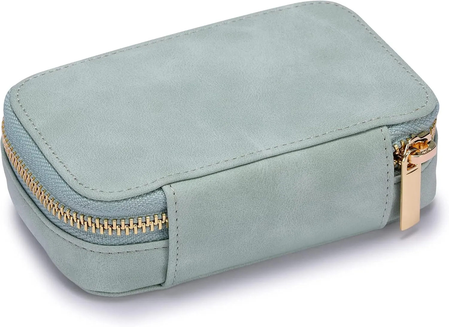 HISCOW Vegan Leather Travel Jewelry Case with Zipper - Portable Necklace & Earring Holder Organizer for Women Girls, Velvet-Lined Ring Box with Anti-Tarnish Design, Light Green
