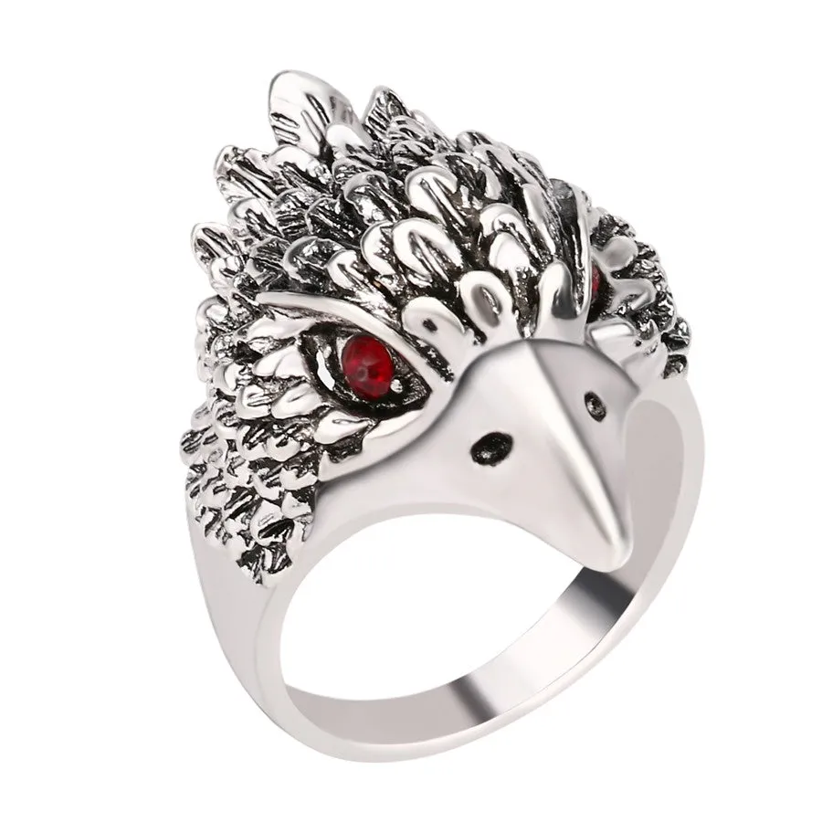 Hot Punk Animal Ring New Fashion Eagle Head Plating Silver Vintage Jewelry Inlay Black Crystal Rings For Man