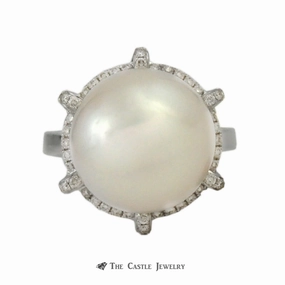Large 14mm Pearl Ring with Unique .37cttw Round Brilliant Cut Diamond Bezel Professional Look Glamorous Product