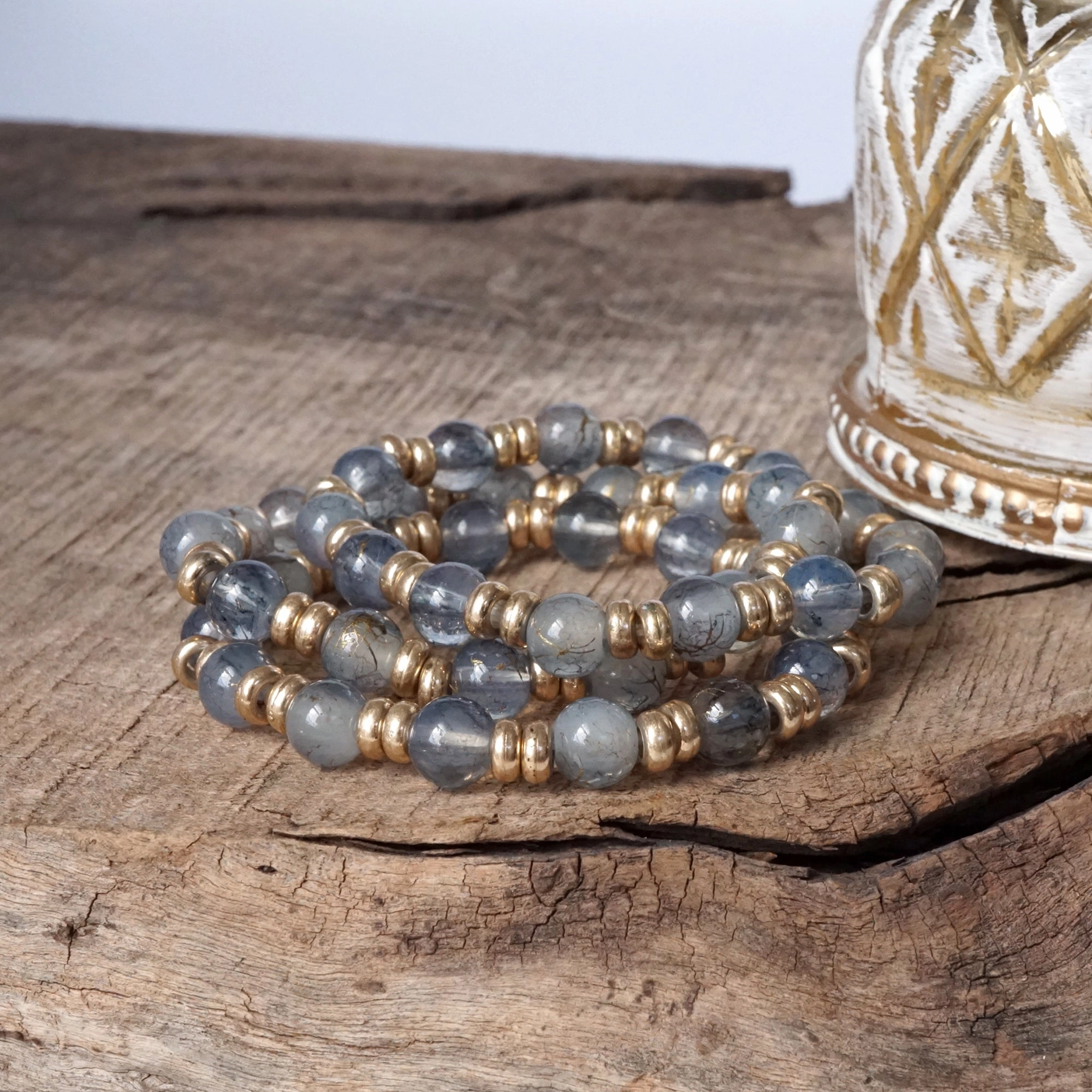 Glass Beaded Bracelet Stack with Worn Gold Accents ?C Green, Cream, or Gray Hot Off The Press