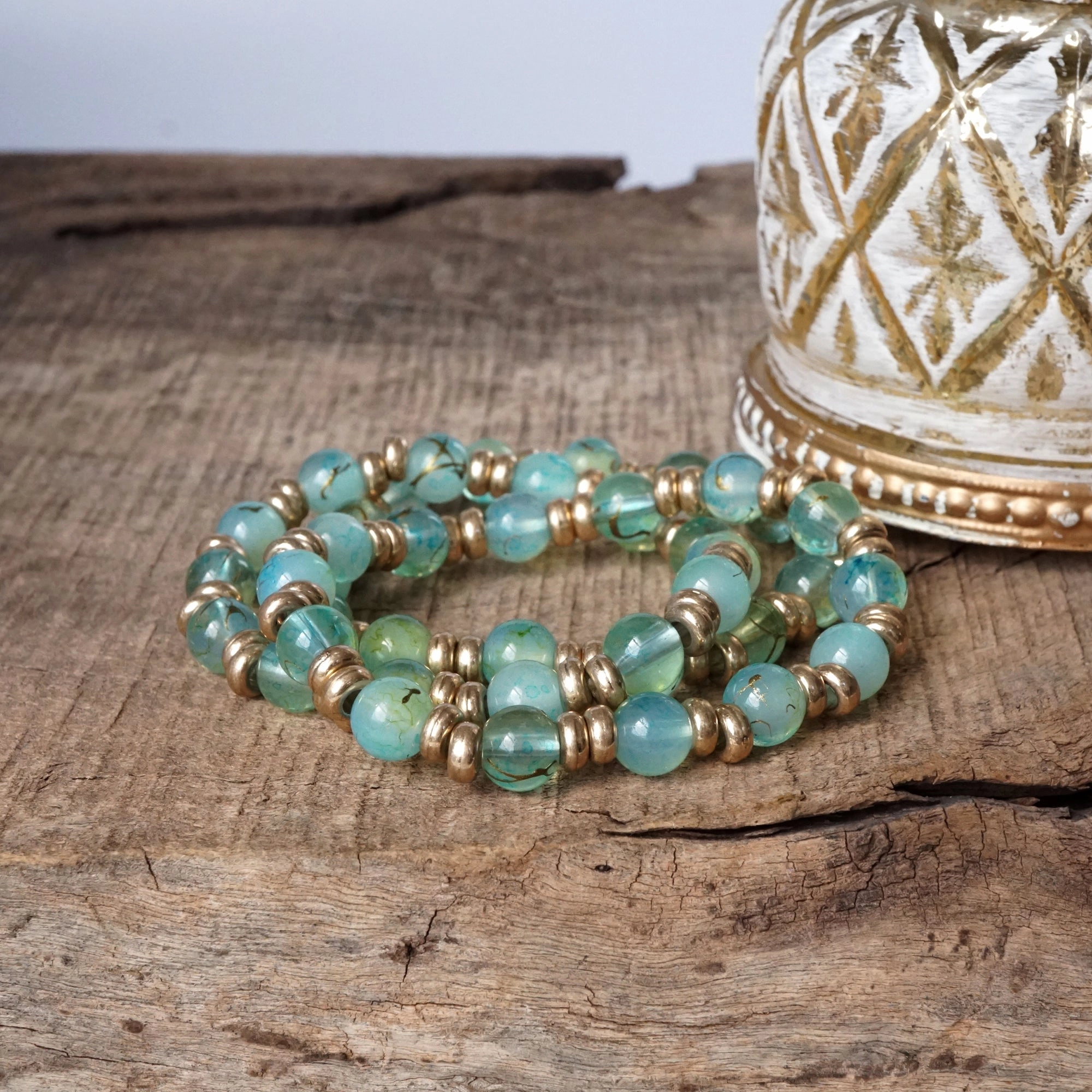 Fair Price Handmade Goods Glass Beaded Bracelet Stack with Worn Gold Accents ?C Green, Cream, or Gray