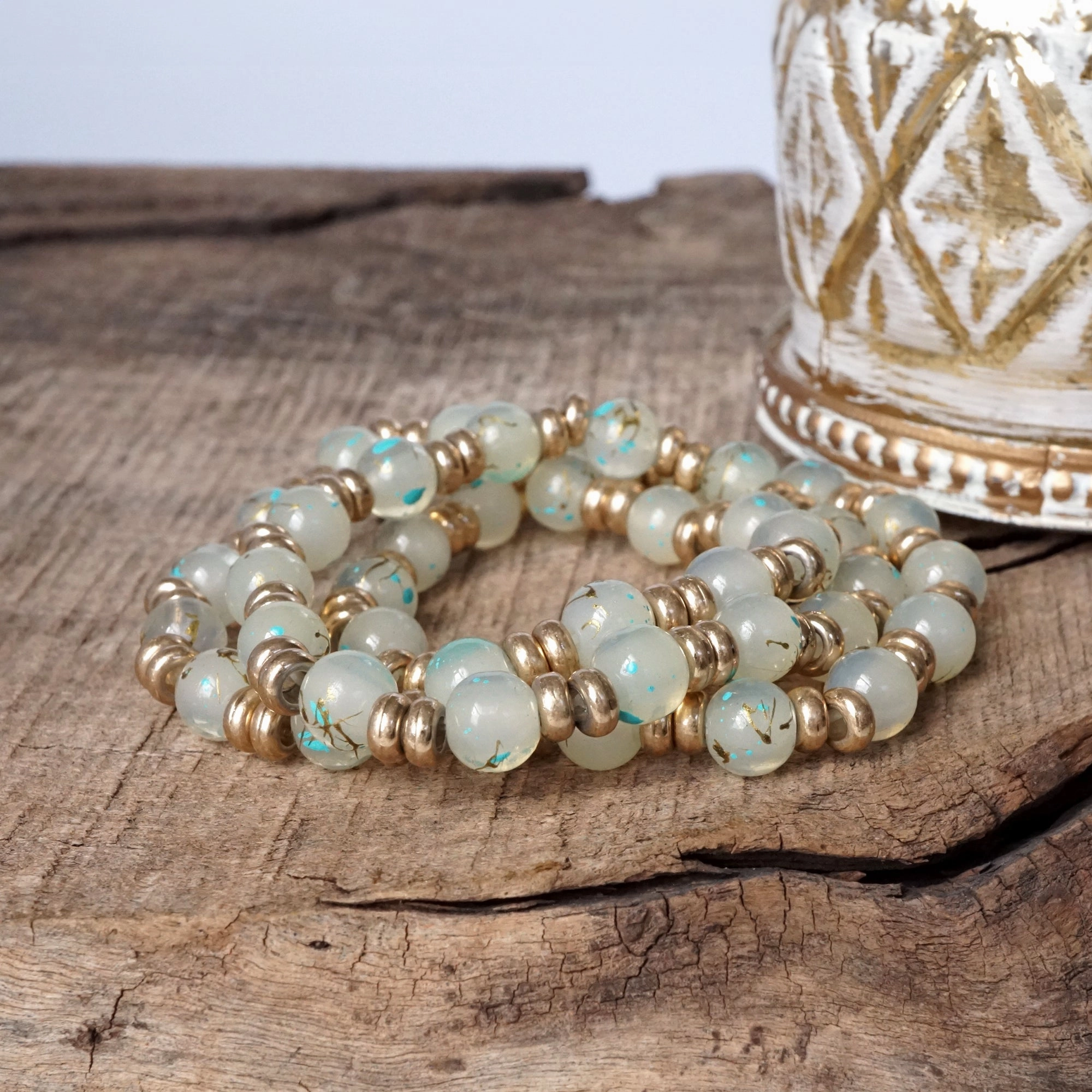Glass Beaded Bracelet Stack with Worn Gold Accents ?C Green, Cream, or Gray Simple View Classic revival