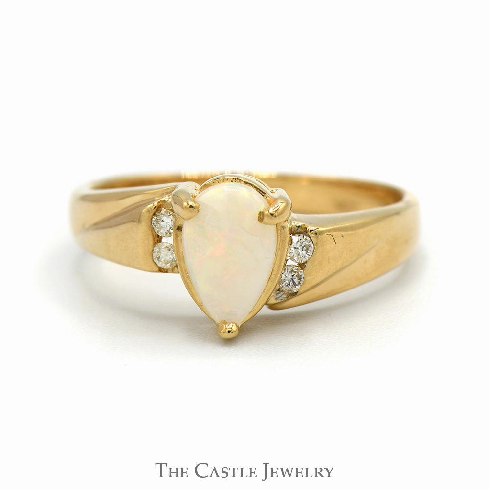 Pear Cut Opal ring with Diamond Accented Sides in 14k Yellow Gold Boho Jewelry Budget Craft