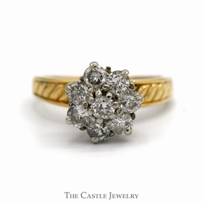 Notable Accessory 1cttw Diamond Flower Cluster Ring with Diagonally Grooved Sides in 10k Yellow Gold