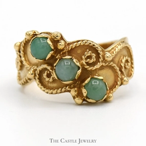 Triple Round Cabochon Jade Ring with Twisted Rope Design in 14k Yellow Gold Balanced Finish