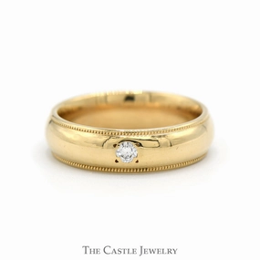 6mm Wide Comfort Fit Wedding Band with Milgrain Edges & Diamond Solitaire Accent in 14k Yellow Gold Special Look