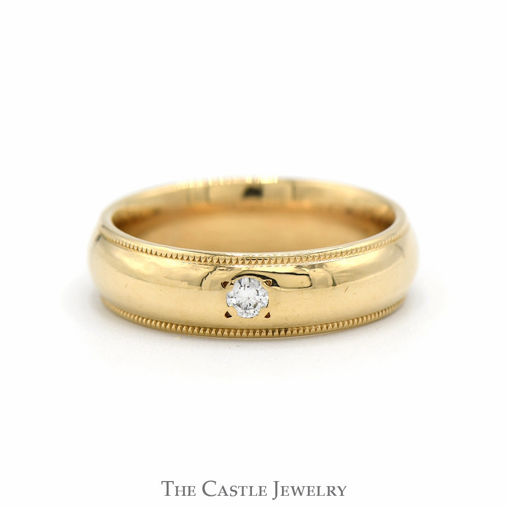 6mm Wide Comfort Fit Wedding Band with Milgrain Edges & Diamond Solitaire Accent in 14k Yellow Gold Special Look