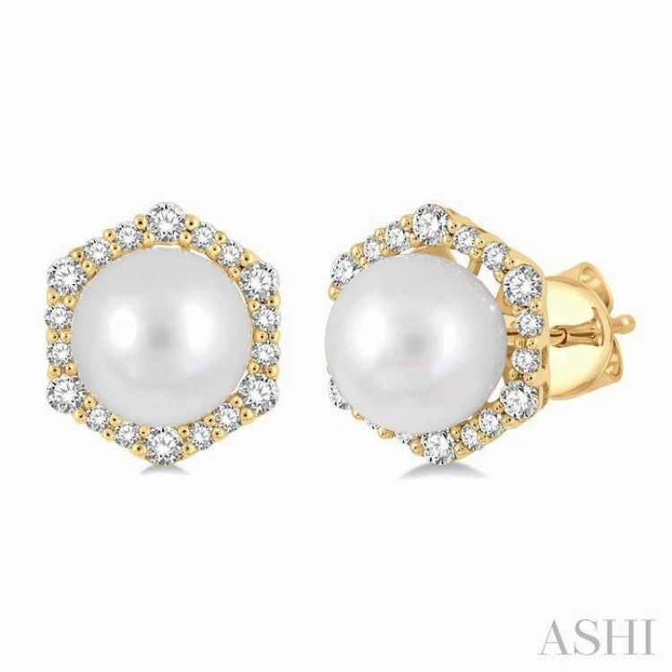 Radiant Sparkle 7 MM Cultured Pearls and 1/3 Ctw Hexagon Shape Round Cut Diamond Earrings in 14K Yellow Gold