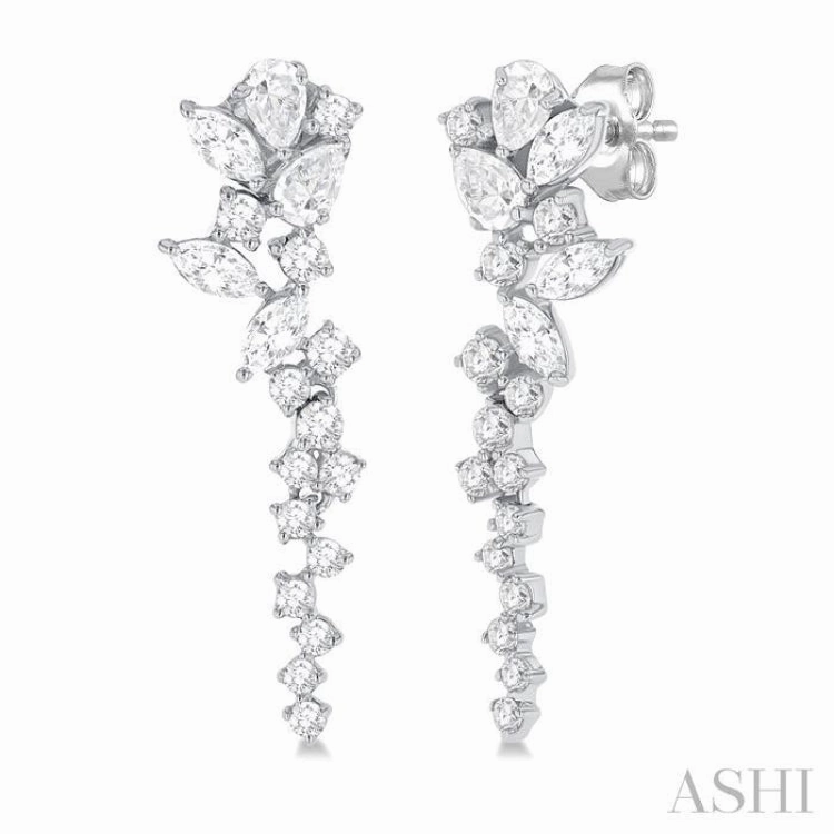 Elegant Charm 1 ctw Mixed Shape Diamond Scatter Fashion Long Earring in 14K White Gold