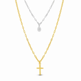 Two-tone Plated Sterling Silver Double Layered Religious Oval Cross Necklace Celebration Accent