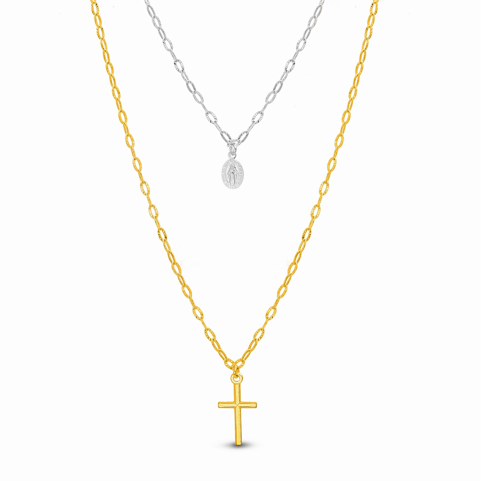 Two-tone Plated Sterling Silver Double Layered Religious Oval Cross Necklace Celebration Accent