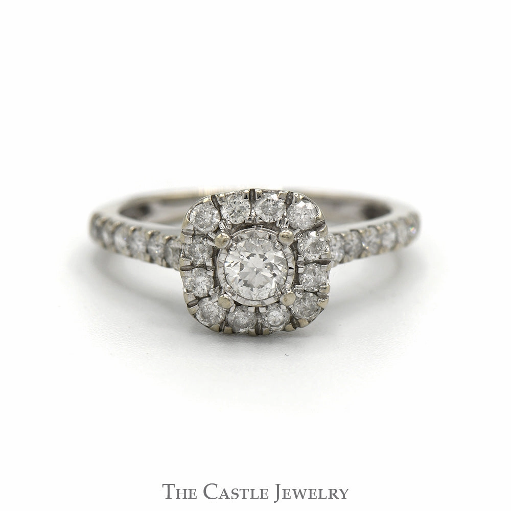 Illusion Set Diamond Engagement Ring with Diamond Halo and Accented Sides in 10k White Gold Wedding Favor