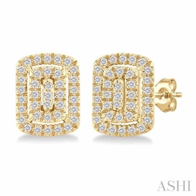 1/5 Ctw Double Halo Emerald Shape Petite Round Cut Diamond Fashion Stud Earring in 10K Yellow Gold Brilliant Shine