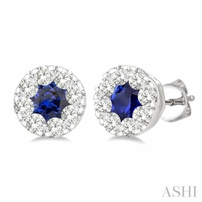 Glamour Finish Cool Contrast 3.3 MM Sapphire and 1/2 Ctw Round Cut Diamond Lovebright Precious Stud Earrings in 14K White Gold
