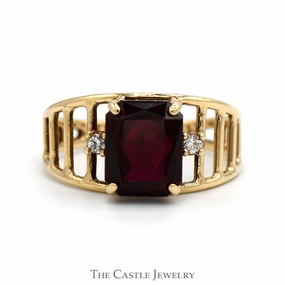 Emerald Cut Ruby Ring with Diamond Accented Sides in 10k Yellow Gold Open Slotted Mounting Elegant Form Fashionable Design
