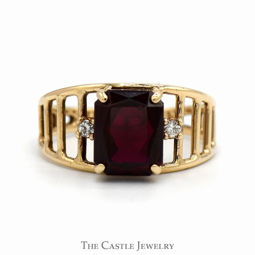 Emerald Cut Ruby Ring with Diamond Accented Sides in 10k Yellow Gold Open Slotted Mounting Elegant Form Fashionable Design
