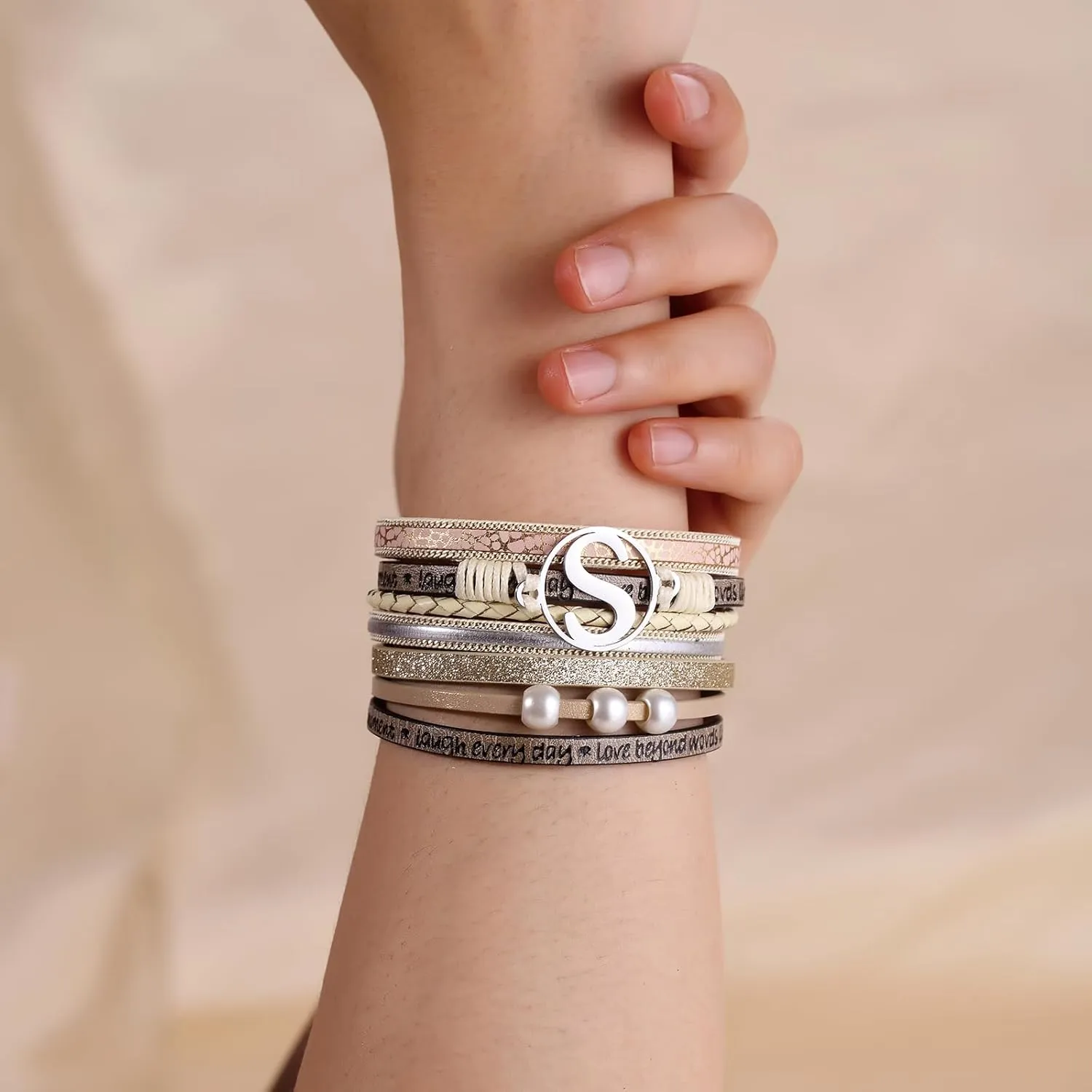 Initial Letter Leather Boho Bracelets for Women Wrap Cuff Bracelets Gifts for Women Trendy Pearl Beads Cuff Bracelet Jewelry
