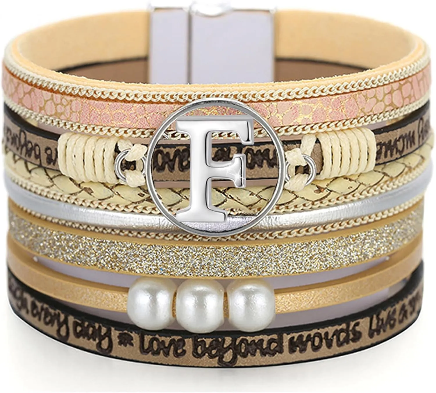Initial Letter Leather Boho Bracelets for Women Wrap Cuff Bracelets Gifts for Women Trendy Pearl Beads Cuff Bracelet Jewelry