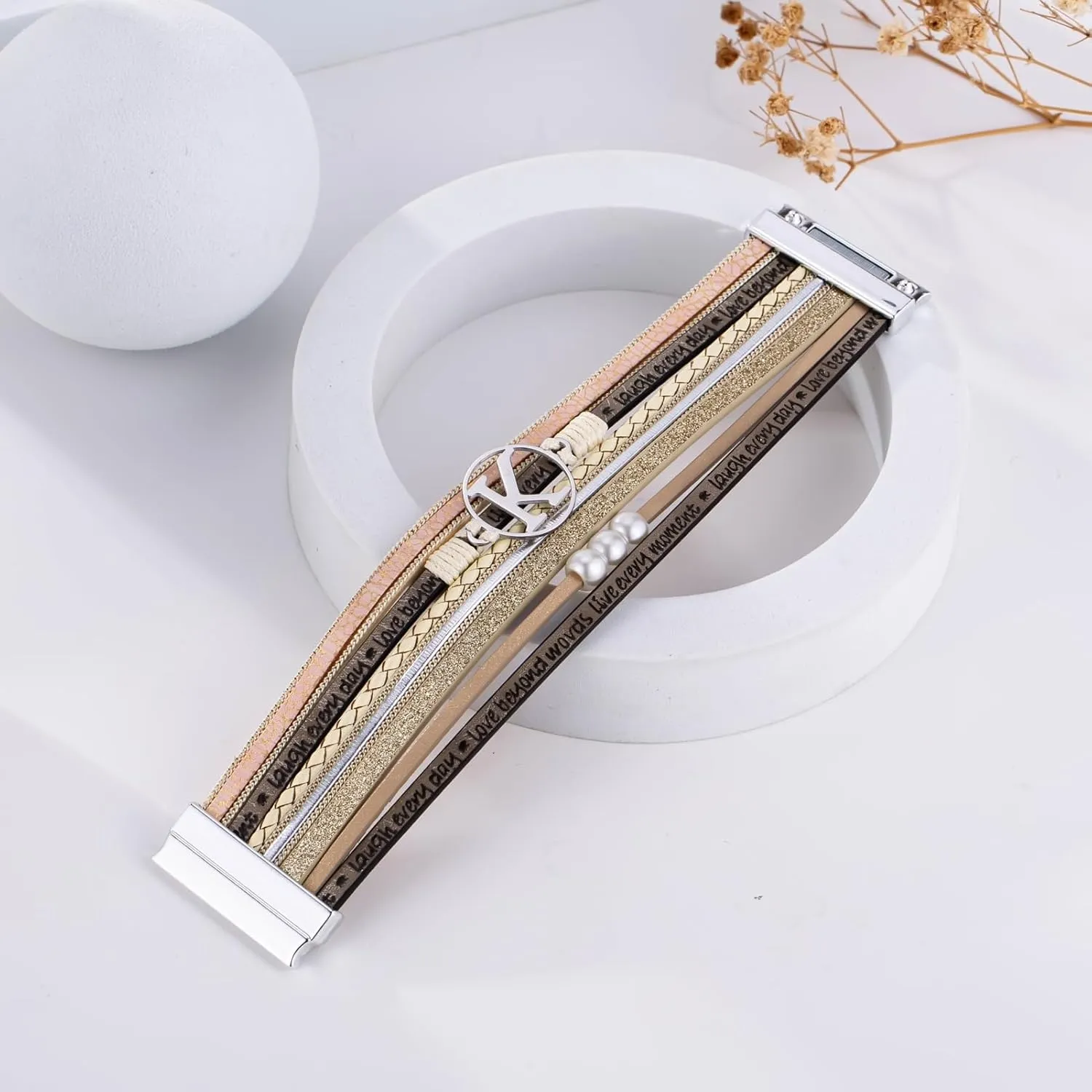Initial Letter Leather Boho Bracelets for Women Wrap Cuff Bracelets Gifts for Women Trendy Pearl Beads Cuff Bracelet Jewelry