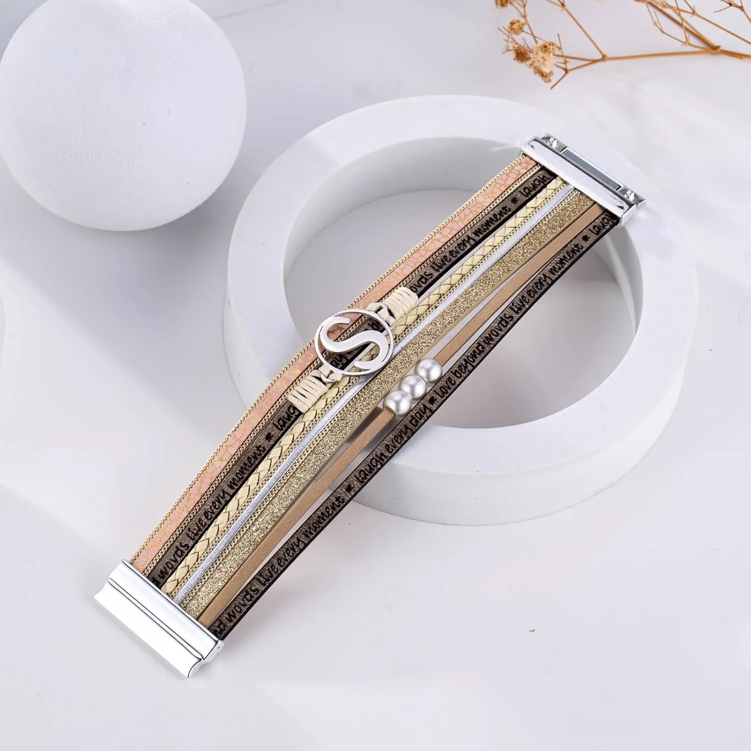 Initial Letter Leather Boho Bracelets for Women Wrap Cuff Bracelets Gifts for Women Trendy Pearl Beads Cuff Bracelet Jewelry