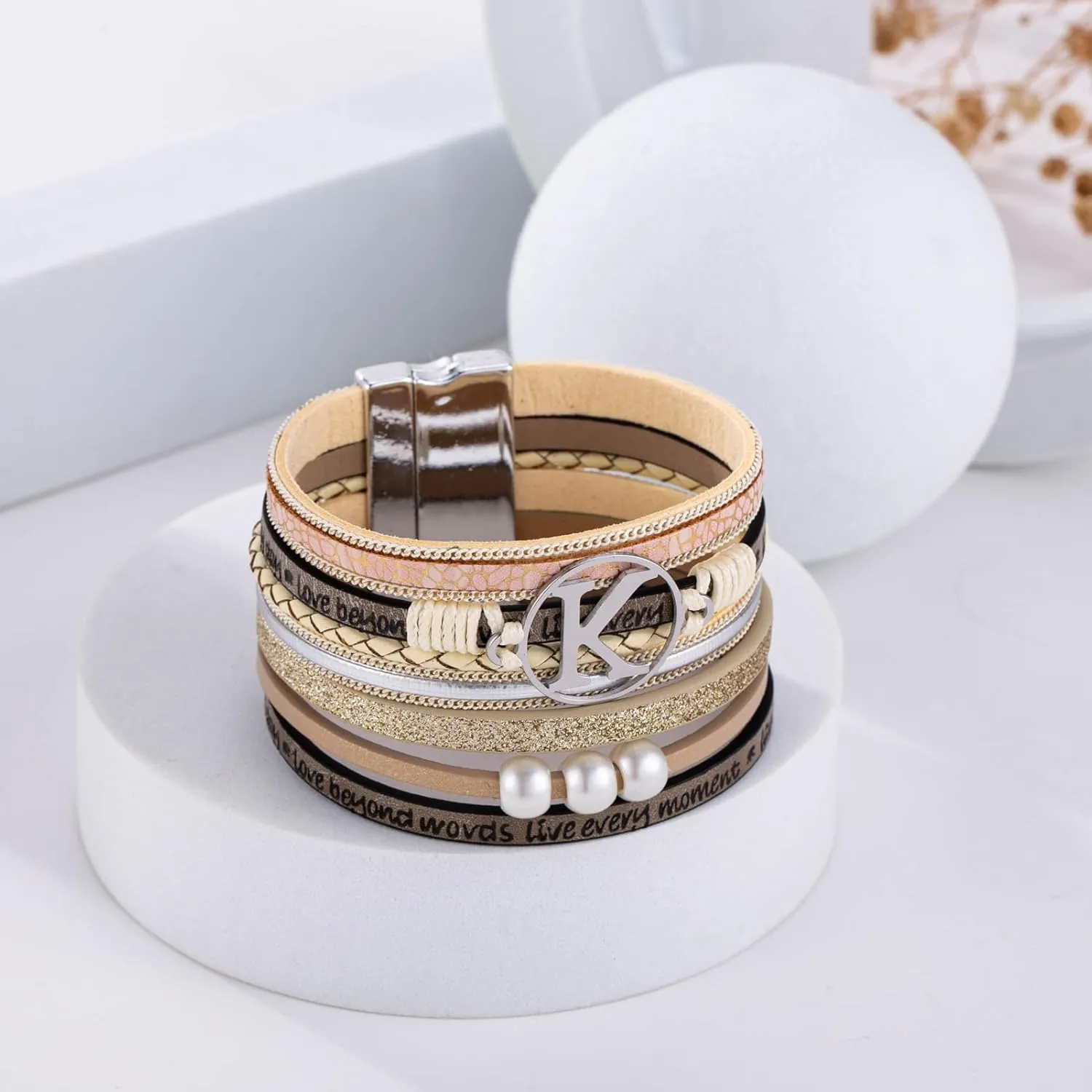 Initial Letter Leather Boho Bracelets for Women Wrap Cuff Bracelets Gifts for Women Trendy Pearl Beads Cuff Bracelet Jewelry