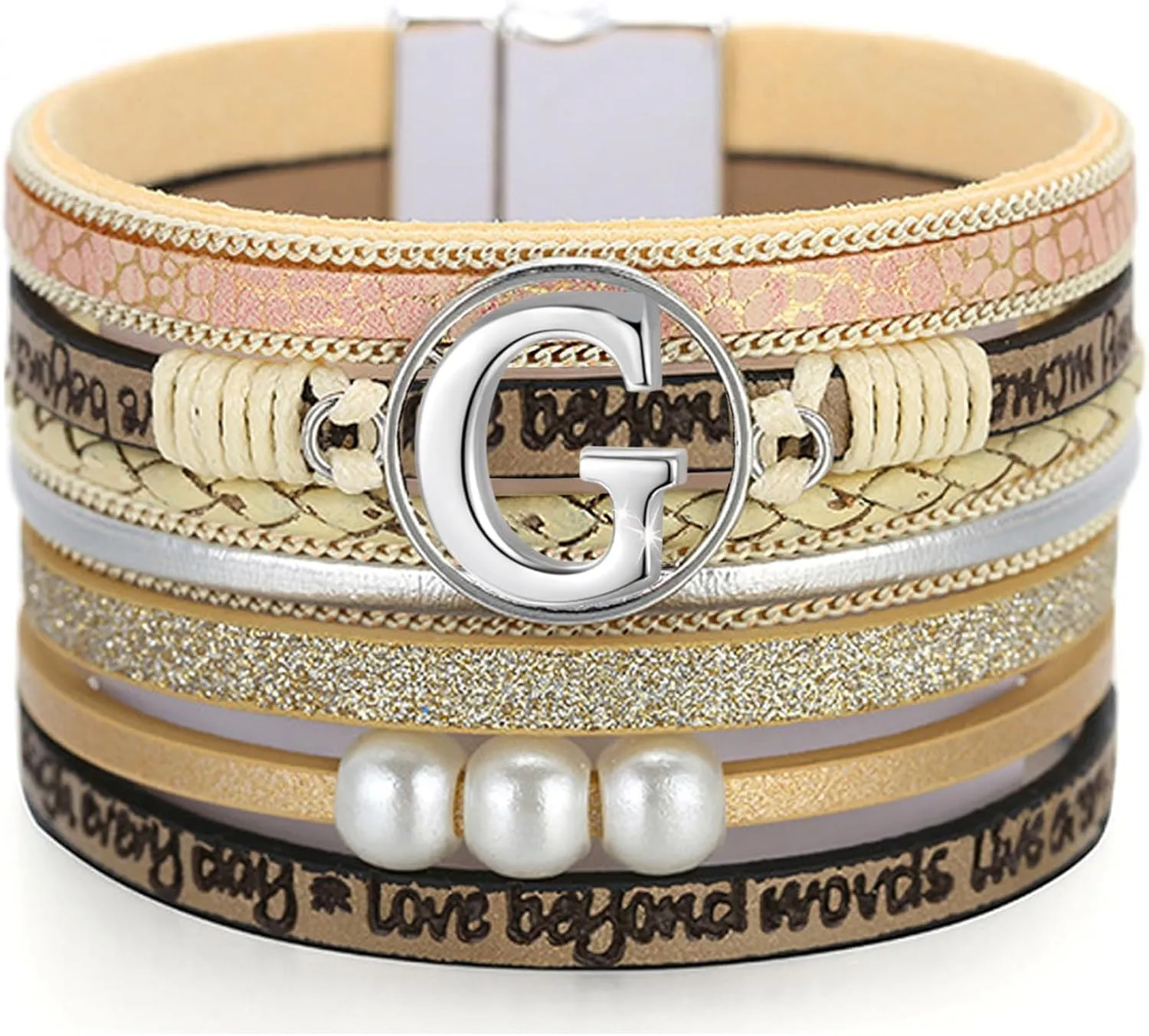 Initial Letter Leather Boho Bracelets for Women Wrap Cuff Bracelets Gifts for Women Trendy Pearl Beads Cuff Bracelet Jewelry