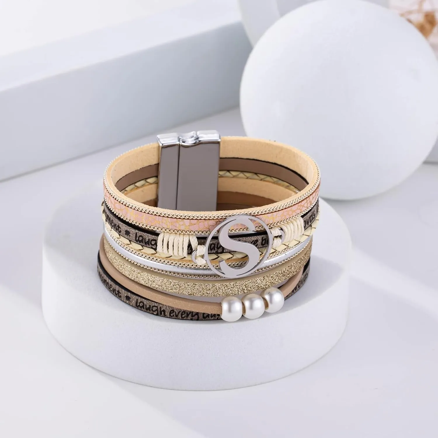 Initial Letter Leather Boho Bracelets for Women Wrap Cuff Bracelets Gifts for Women Trendy Pearl Beads Cuff Bracelet Jewelry