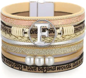 Initial Letter Leather Boho Bracelets for Women Wrap Cuff Bracelets Gifts for Women Trendy Pearl Beads Cuff Bracelet Jewelry
