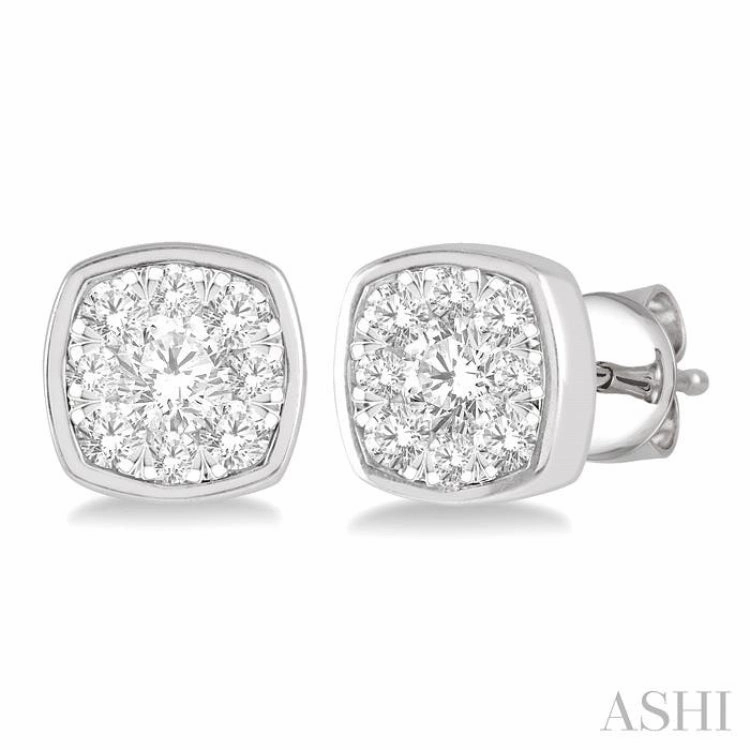 1/2 Ctw Cushion Shape Round Cut Diamond Lovebright Bezel Stud Earring in 14K White Gold Modern Piece Event Style