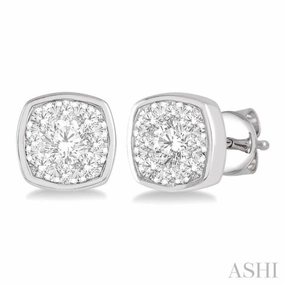 1/2 Ctw Cushion Shape Round Cut Diamond Lovebright Bezel Stud Earring in 14K White Gold Modern Piece Event Style