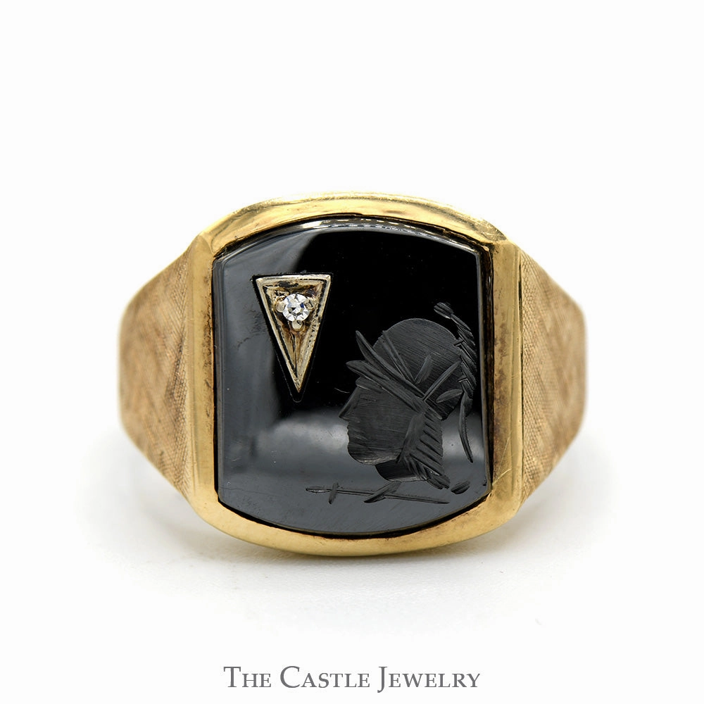 Intaglio Ring with Round Diamond Accent & Brush Textured Sides in 10k Yellow Gold Comfortable Ornament Simple Mark