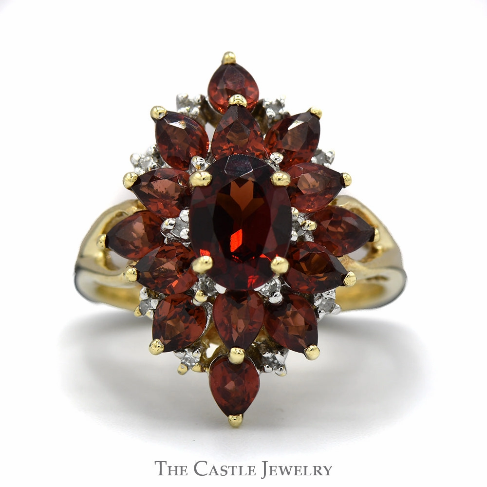 Soft Edge Day Wear Oval and Pear Garnet Cluster Ring with Diamond Accents in 10k Yellow Gold