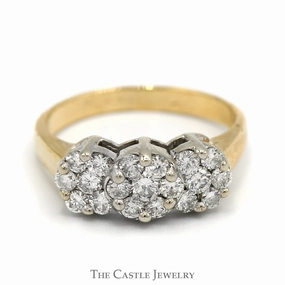 1cttw Triple Flower Diamond Cluster Ring in 14k Yellow Gold Unique product Unique Memento
