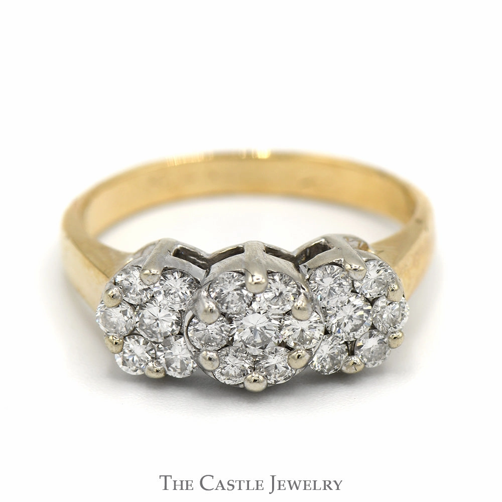 1cttw Triple Flower Diamond Cluster Ring in 14k Yellow Gold Unique product Unique Memento