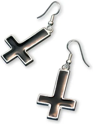 Inverted Black Cross Hand Painted Enamel on Silver Finish Pewter Earrings