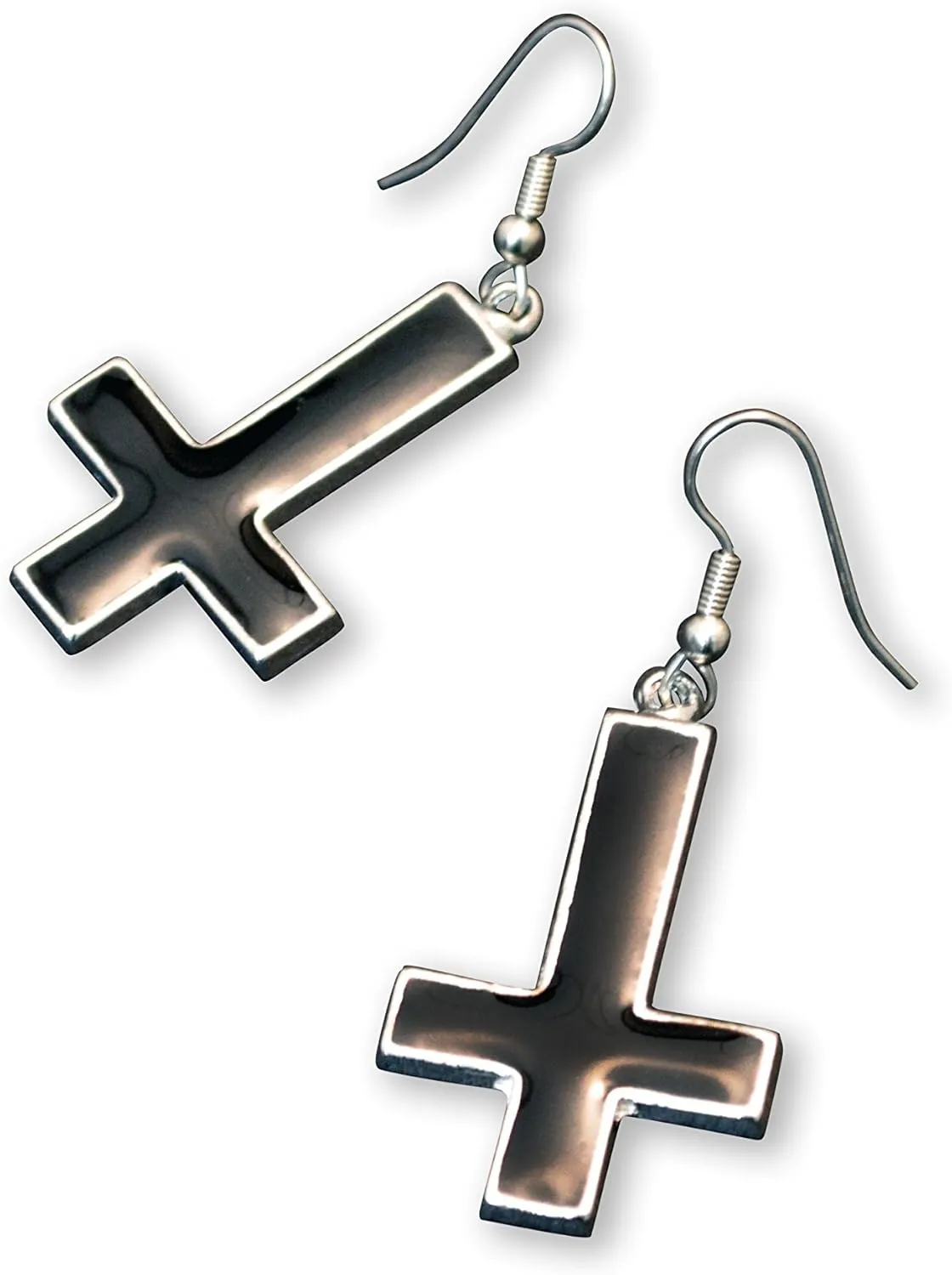Inverted Black Cross Hand Painted Enamel on Silver Finish Pewter Earrings