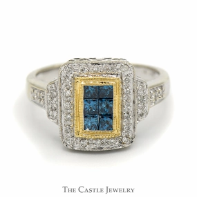 Invisiset Blue Diamond Cluster Ring with Diamond Halo and Accents in 14k Two Tone Gold Gentle Detail