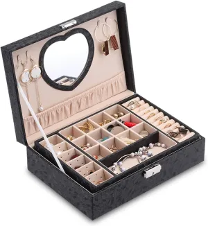 Jewelry Box 2 Layers Premium Jewelry Box Organizer for Women Large Travel Jewelry Storage Case with Mirror Lock and Key for Necklace, Earring, Ring, Bracelet Jewelry Boxes and Organizers (Black)