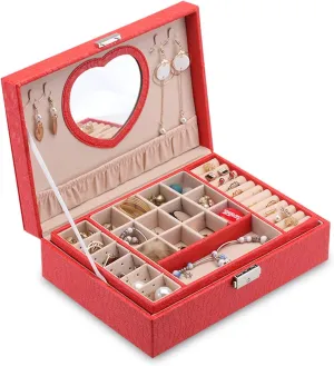 Jewelry Box 2 Layers Premium Jewelry Box Organizer for Women Large Travel Jewelry Storage Case with Mirror Lock and Key for Necklace, Earring, Ring, Bracelet Jewelry Boxes and Organizers (Red)
