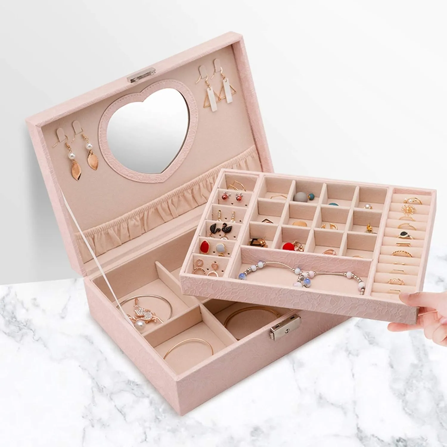 Jewelry Box 2 Layers Premium Jewelry Box Organizer for Women Large Travel Jewelry Storage Case with Mirror Lock and Key for Necklace, Earring, Ring, Bracelet Jewelry Boxes and Organizers (Red)