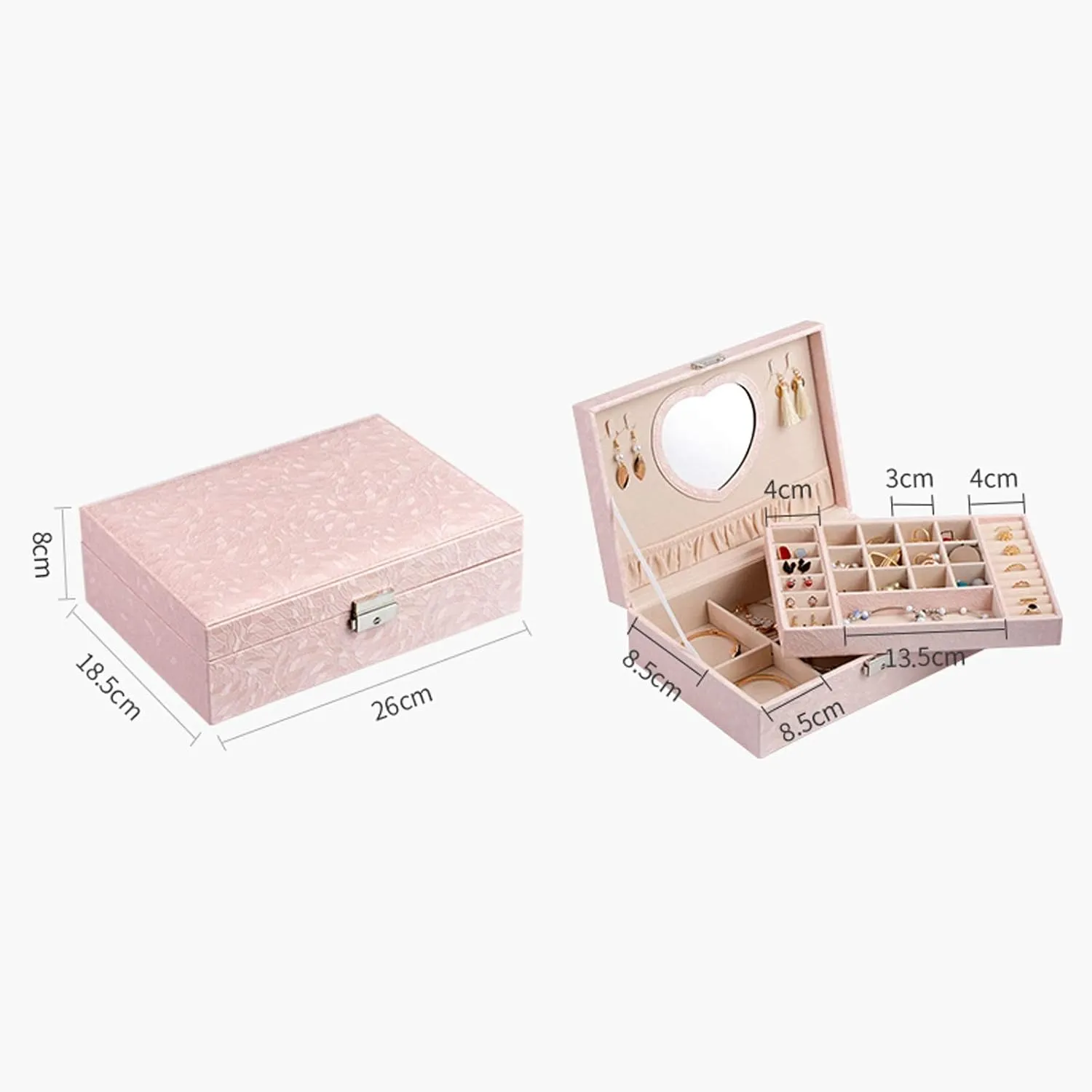 Jewelry Box 2 Layers Premium Jewelry Box Organizer for Women Large Travel Jewelry Storage Case with Mirror Lock and Key for Necklace, Earring, Ring, Bracelet Jewelry Boxes and Organizers (Red)